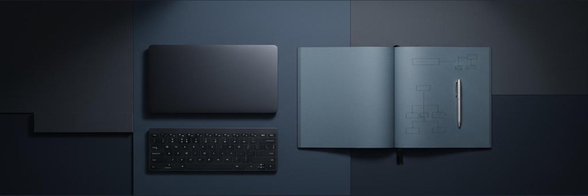 gemini 2.5 flash image ultra wide panoramic flat lay 1920x640 of a modern consulting workspace. deep na 0